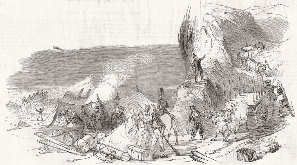 SPAIN. Crew & passengers of The Great Liverpool camped beach Corcubión 1846